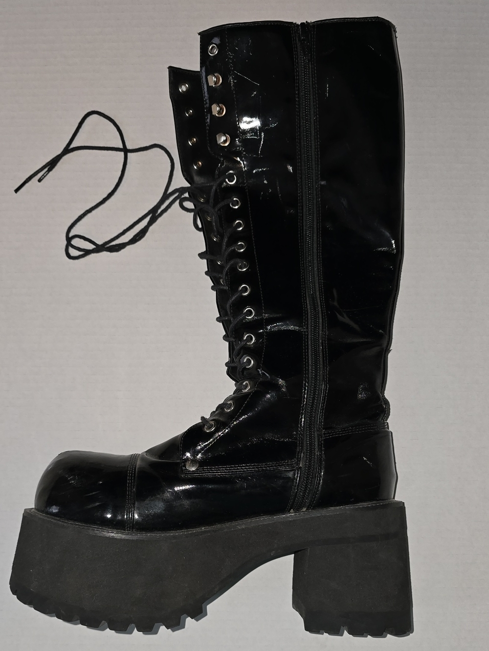 Demonia Ranger-302 Black Patent Platform Knee High Lace Up Boots Size W9 / M7